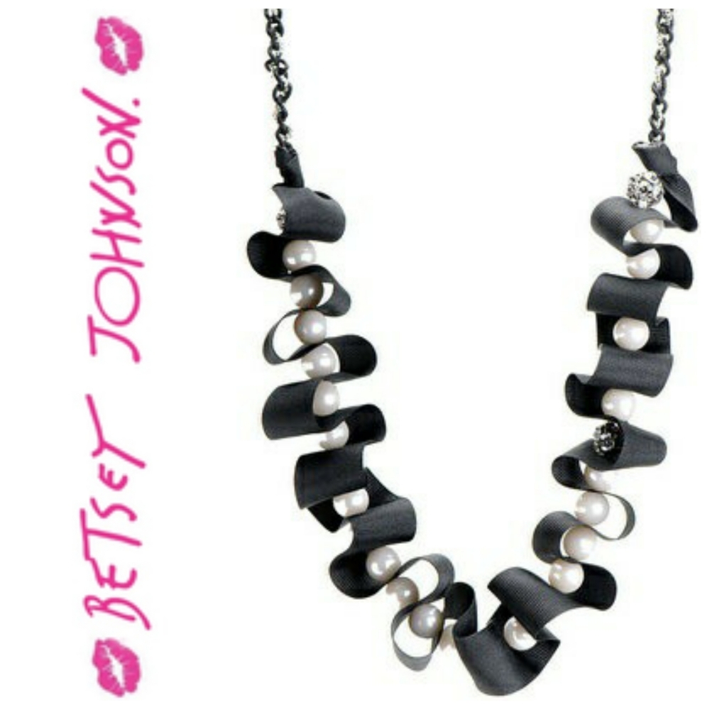 Betsey Johnson Faux Pearl Black Ribbon Necklace